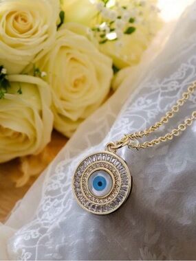 Gold Evil Eye Pendant Necklace - Blue Center
